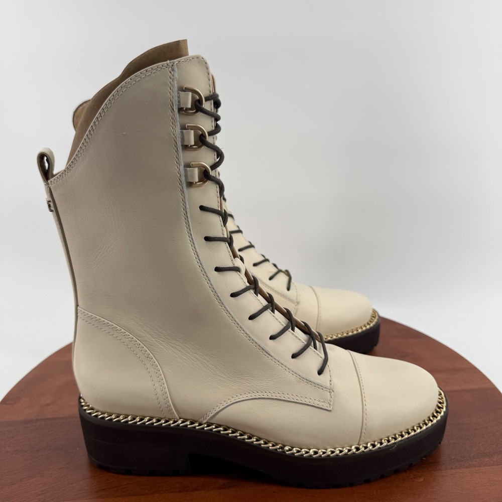 Sam Edelman Lenley Combat Boots Ivory Leather Chain Trim Lug Sole Women 8.5 M